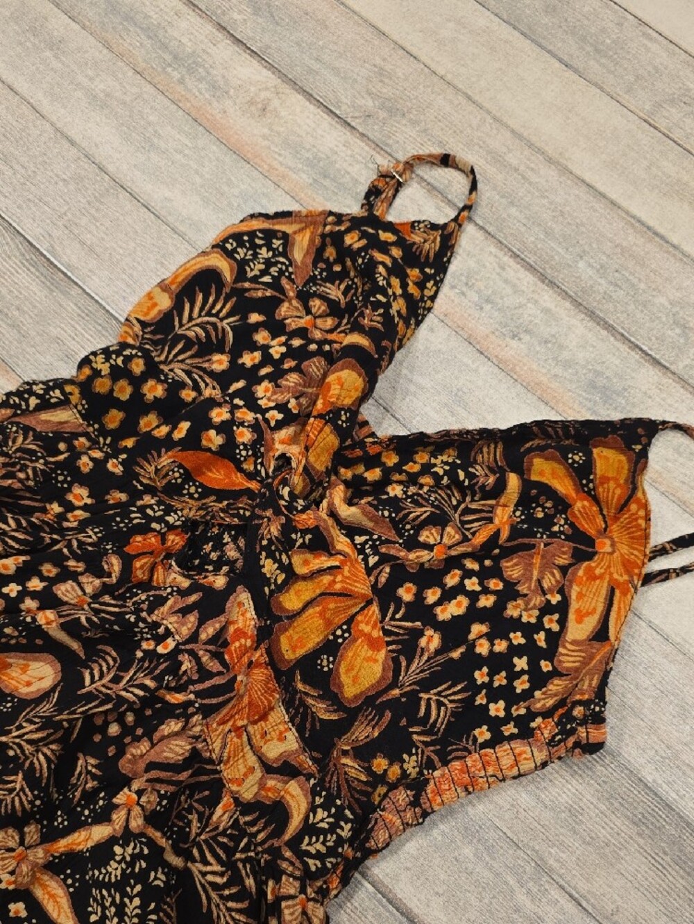 Angie Midi Black Dress with Orange and Brown Floral Accents Size Large Smocked - Picture 2 of 6